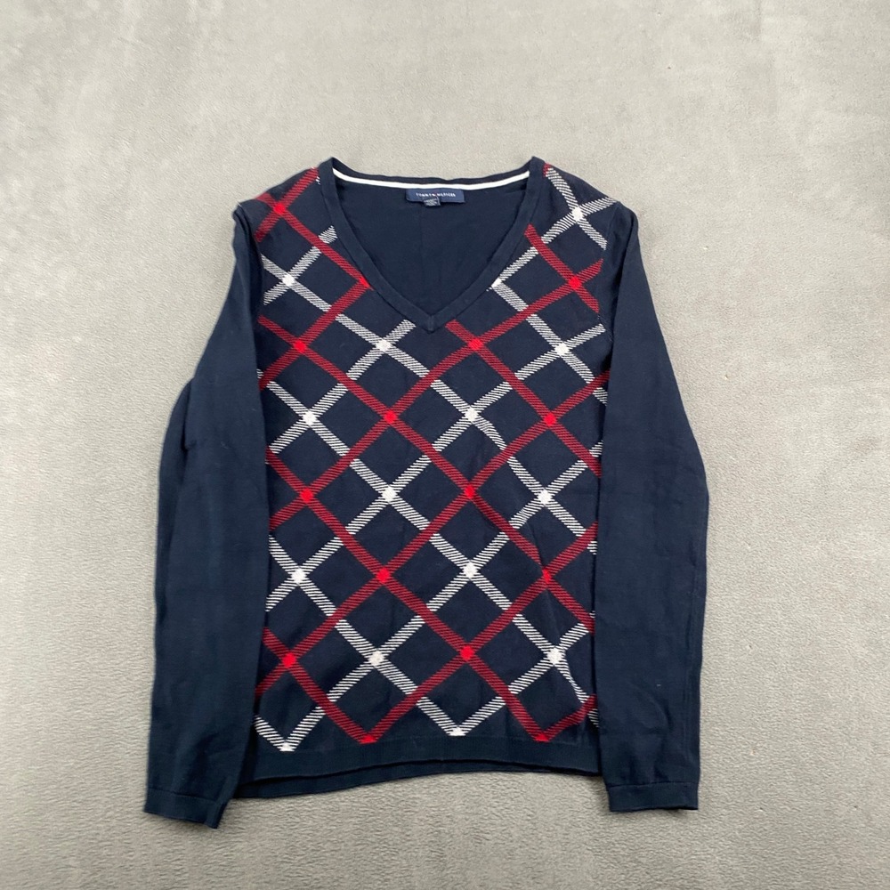 Tommy‎ Hilfiger Womens Argyle V-Neck Sweater Navy Blue Red White Size Small